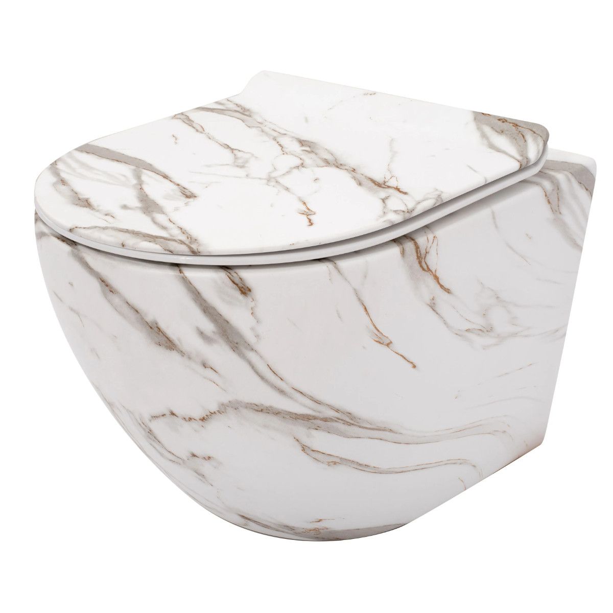 Wandhängendes WC, Marmoroberfläche, Rimless, 49x37 cm, Duroplast-Deckel, Sanitärkeramik, Ben