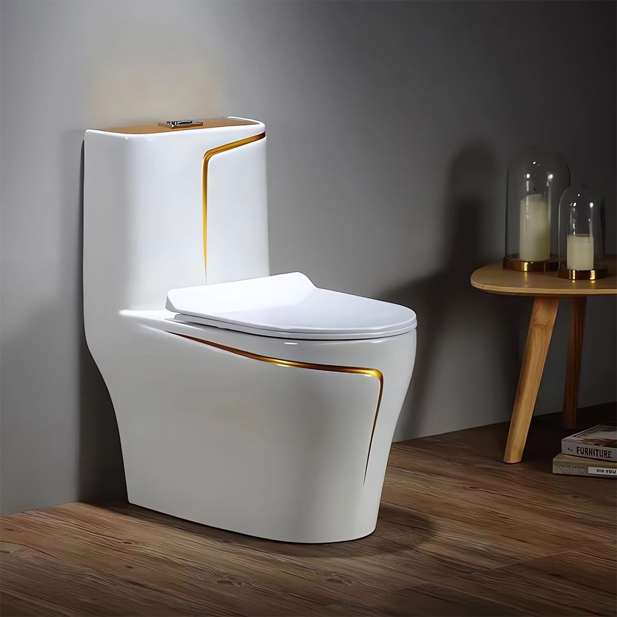 WC Lazio Weiß Gold Line, Rimless, 69x39 cm, integrierter Spülkasten,  Bodenmontage, Soft-Close-Deckel, Royalty Line von Ego
