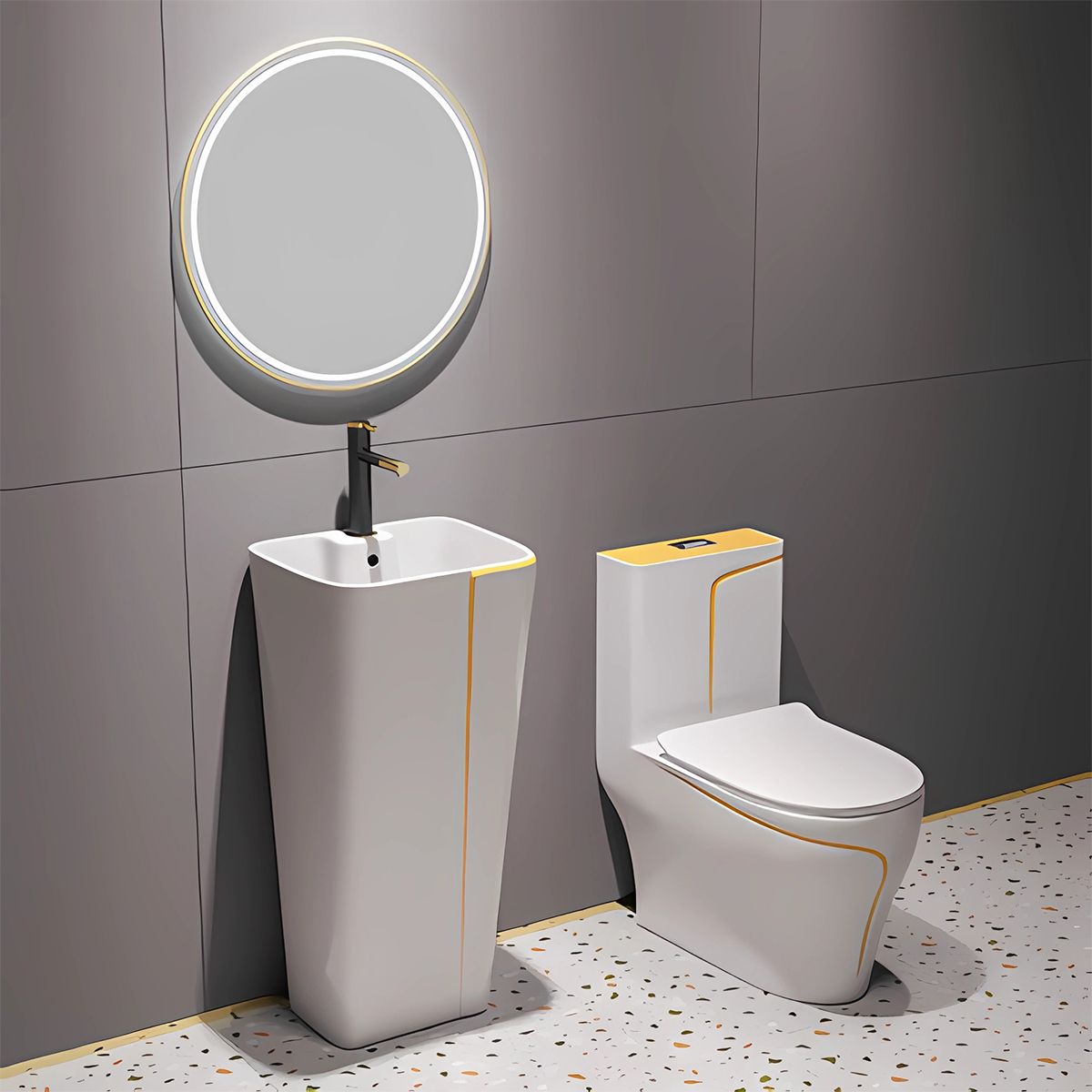 WC Lazio Weiß Gold Line, Rimless, 69x39 cm, integrierter Spülkasten,  Bodenmontage, Soft-Close-Deckel, Royalty Line von Ego