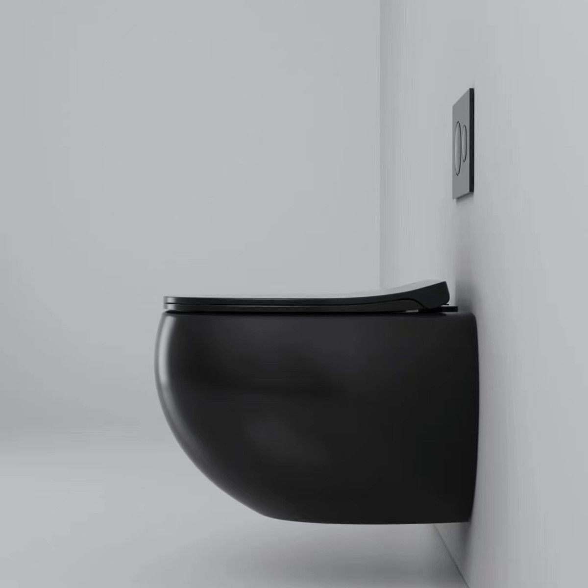 Toilettenschüssel, hängende Installation, Randlos, Mattschwarz, 52 x 30 cm, Site-Keramik, Duroplast-Deckel mit Soft Close, Roli