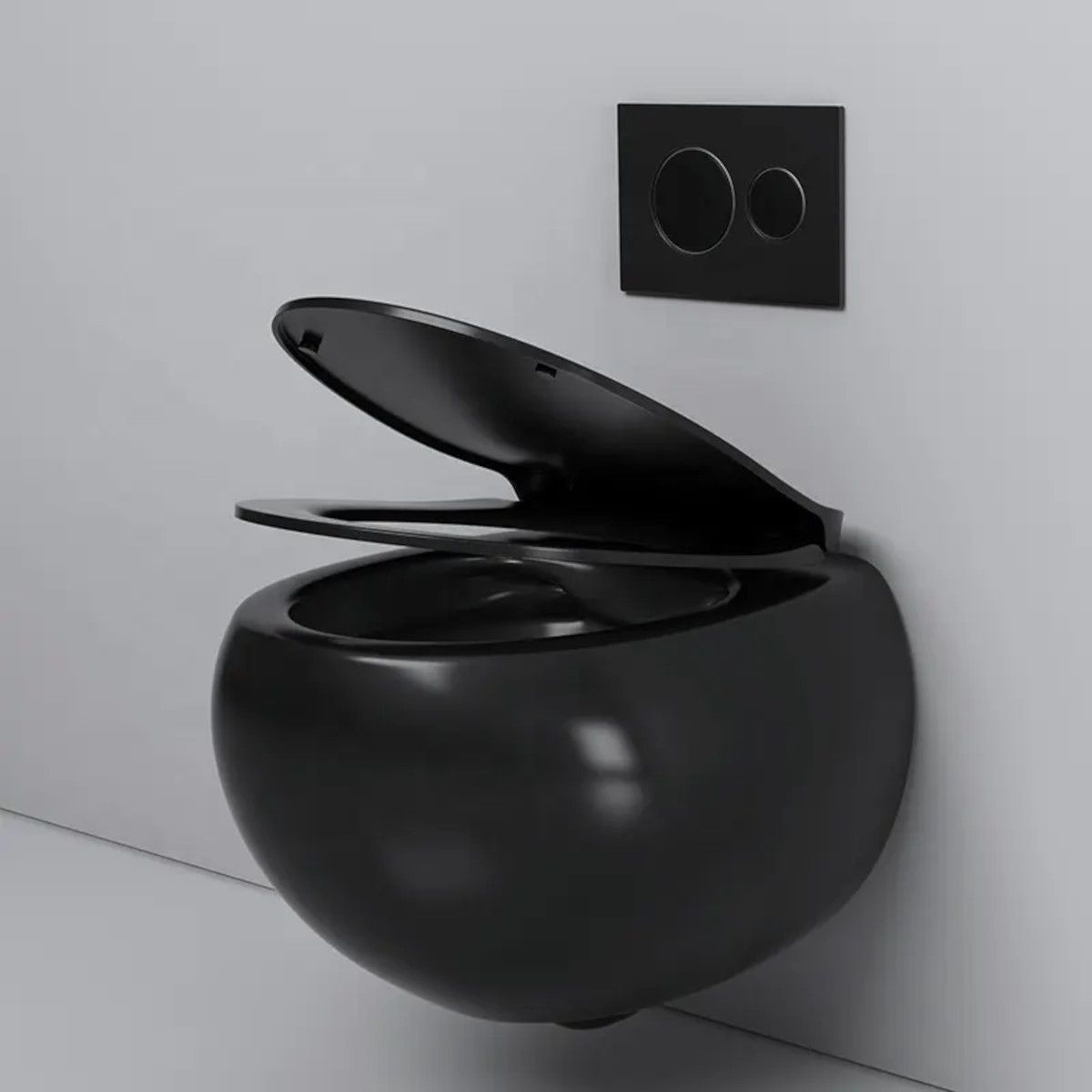 Toilettenschüssel, hängende Installation, Randlos, Mattschwarz, 52 x 30 cm, Site-Keramik, Duroplast-Deckel mit Soft Close, Roli