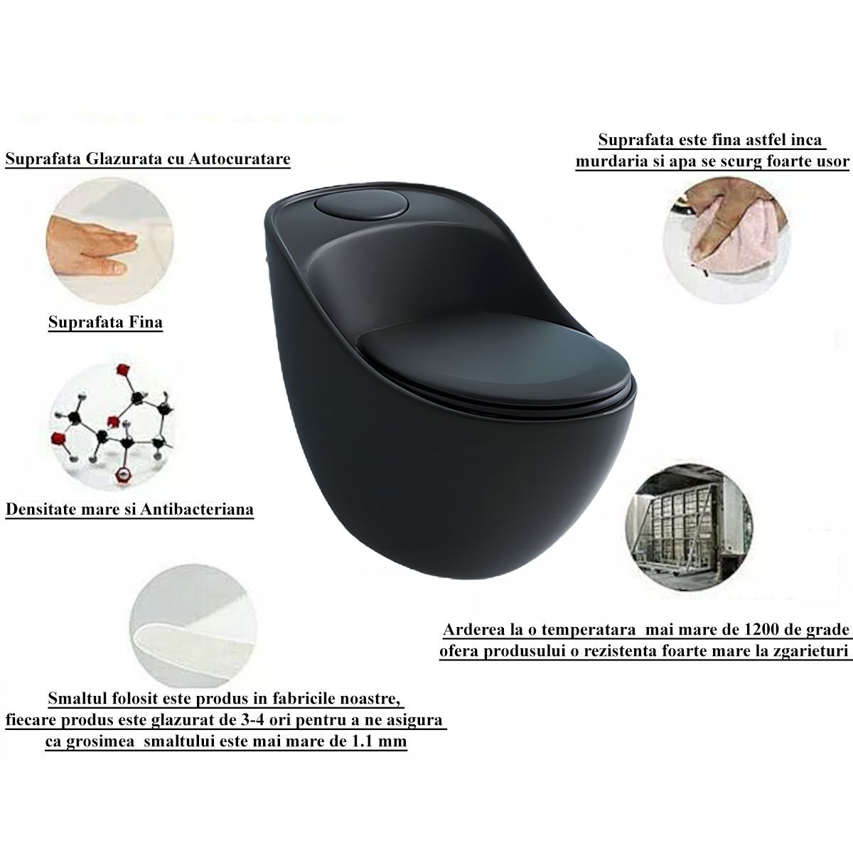 New Santa Rimless WC, 69 x 46 cm, eingebauter Spülkasten, Mattschwarz, Power Colour, Bodenmontage, Soft-Close Deckel
