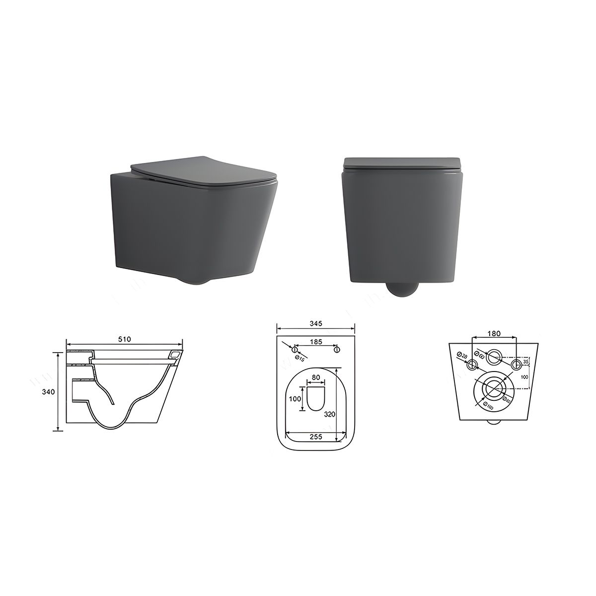 Toilettenschüssel, Rimless, Mattgrau, Power Colour, Wandmontage, inkl. Slim-Duroplast-Sitz mit Soft-Close, Alfonso