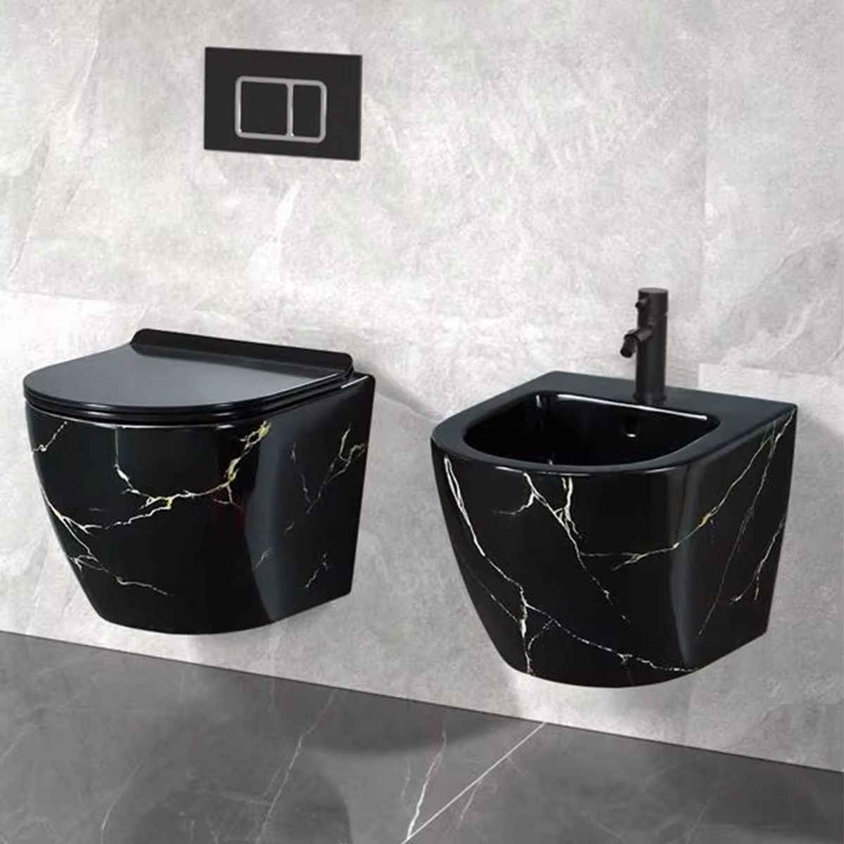 Wandhängendes WC, Schwarz Gold Marmor, Rimless, 48x37 cm, Duroplast-Deckel, Sanitärkeramik, Ben