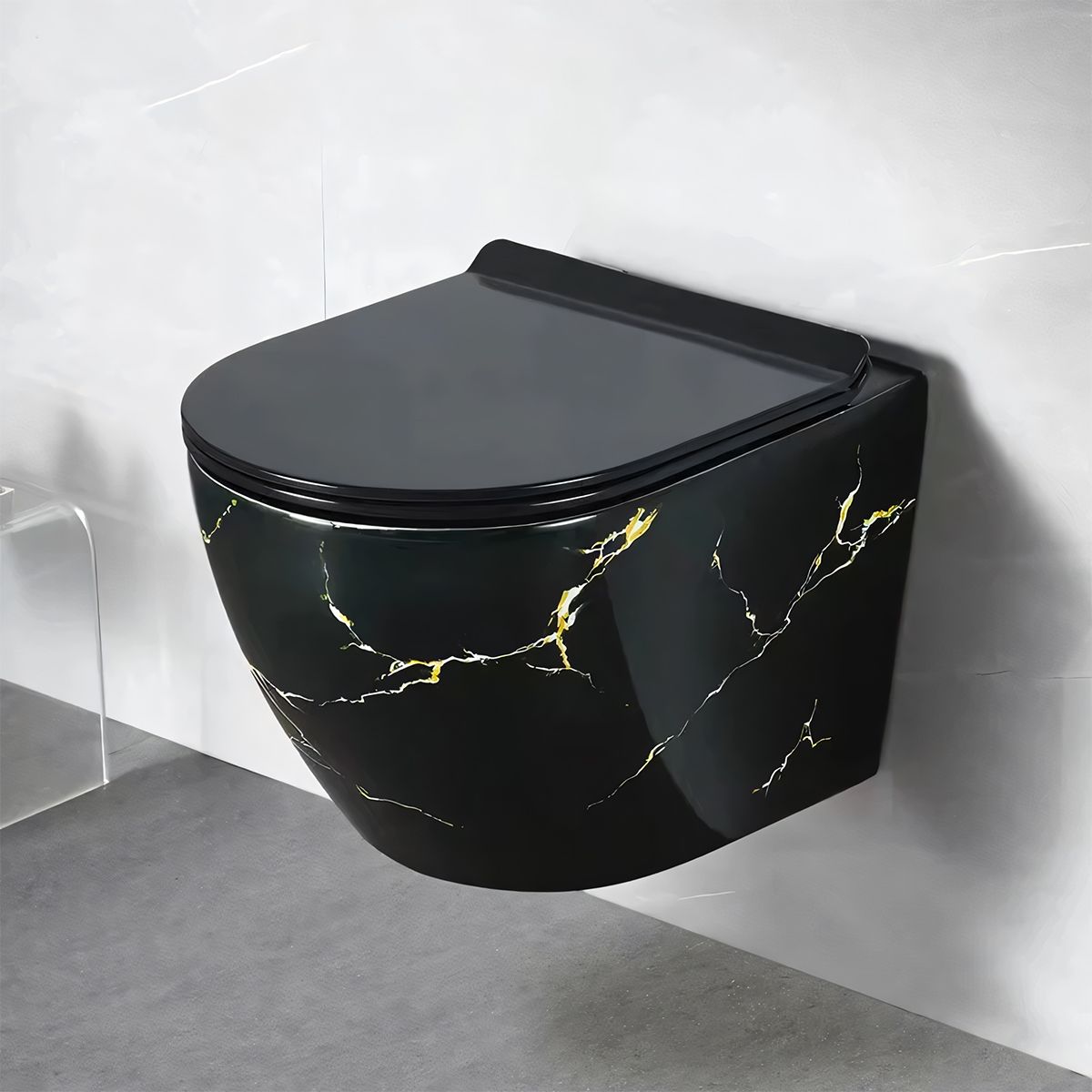 Wandhängendes WC, Schwarz Gold Marmor, Rimless, 48x37 cm, Duroplast-Deckel, Sanitärkeramik, Ben