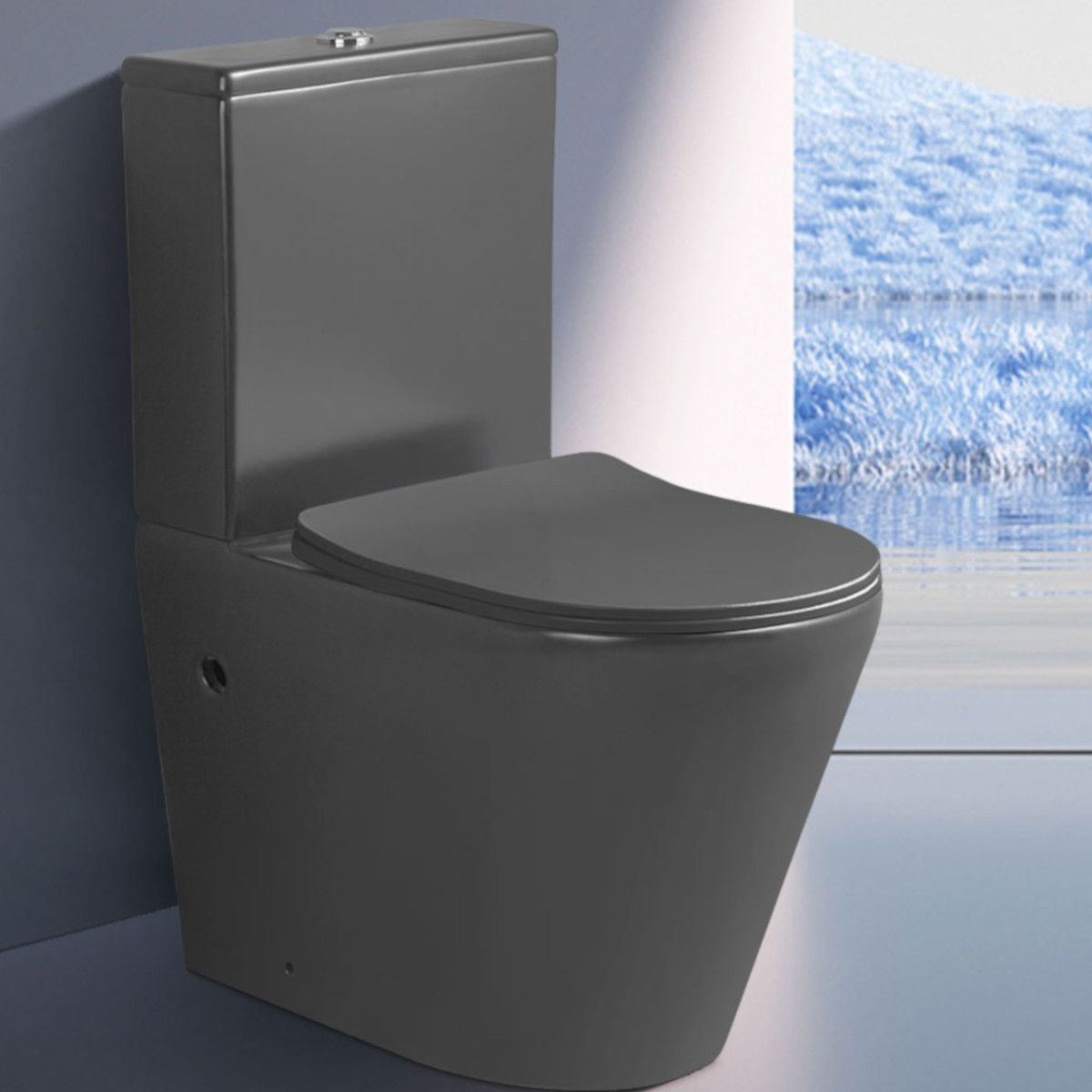 Randlose Toilettenschüssel, Tank inklusive, 2 Stück, Mattgrau, Bodenmontage, schlanker Soft-Close-Deckel aus Duroplast, Dario