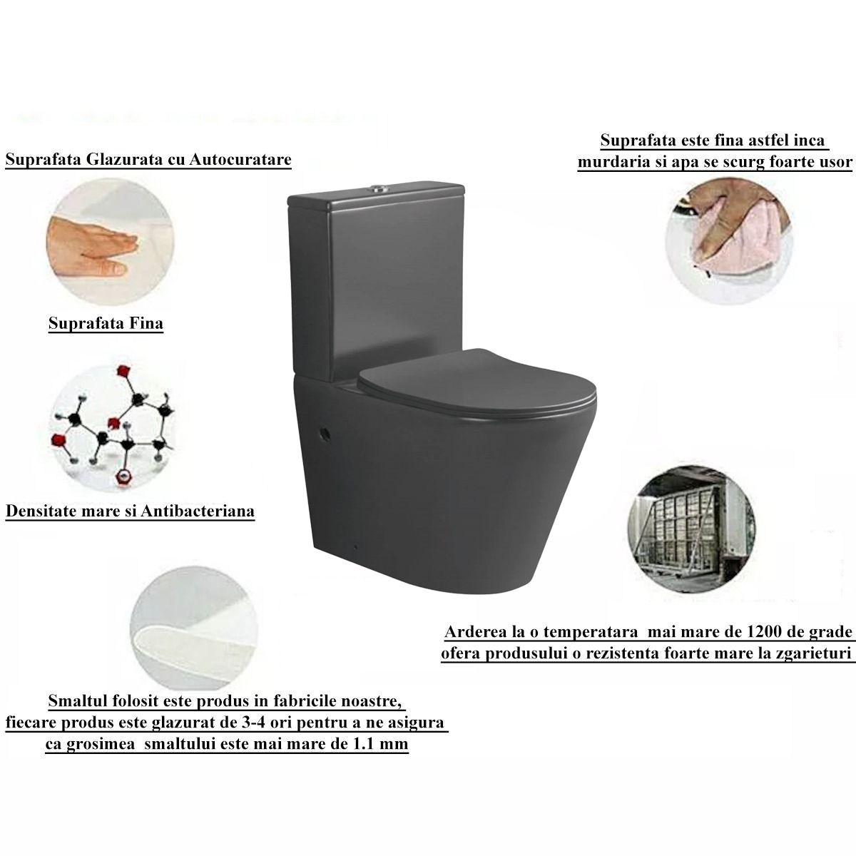 Randlose Toilettenschüssel, Tank inklusive, 2 Stück, Mattgrau, Bodenmontage, schlanker Soft-Close-Deckel aus Duroplast, Dario