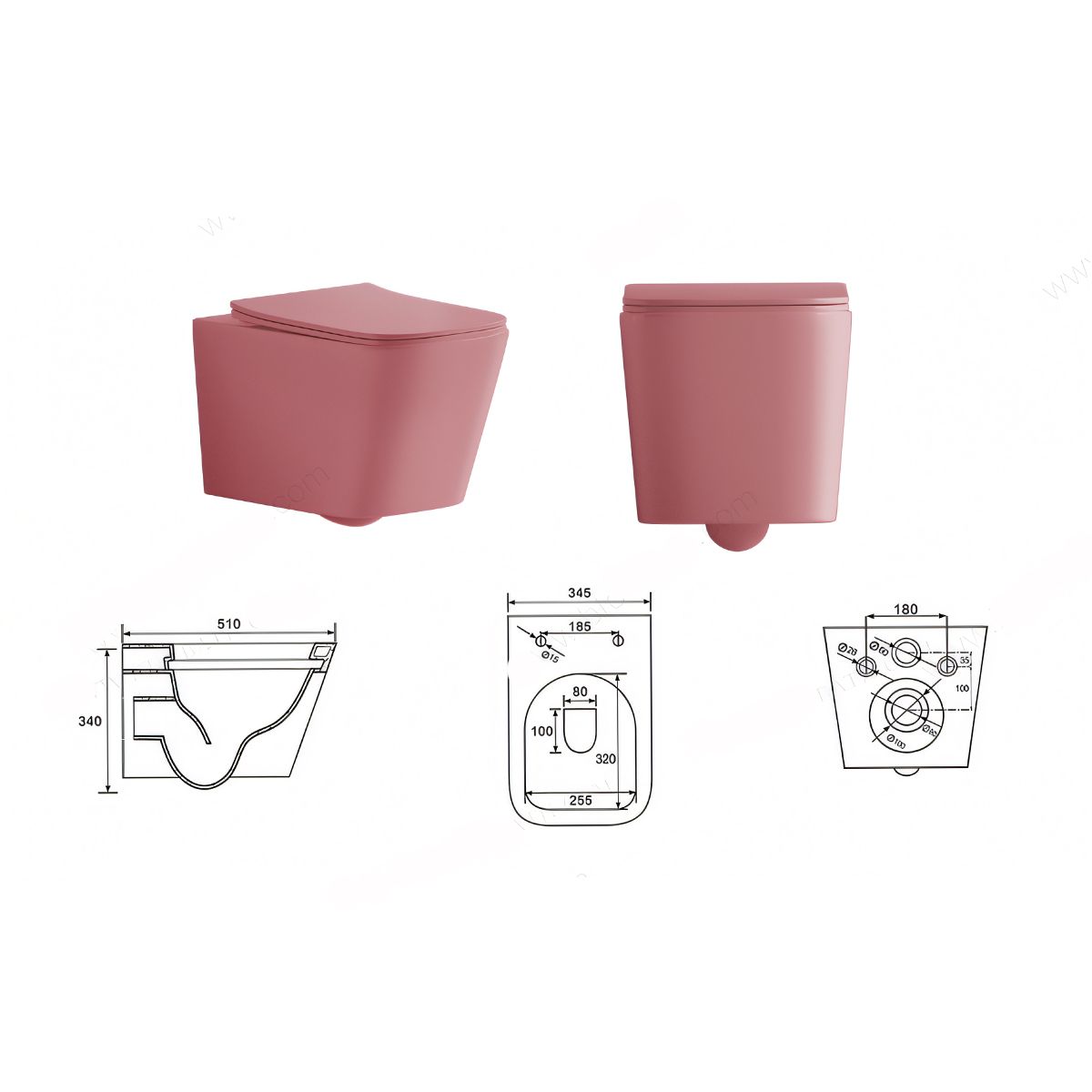 Toilettenschüssel, Rimless, Lachsrosa Matt, Power Colour, Wandmontage, inkl. Slim-Duroplast-Sitz mit Soft-Close, Alfonso