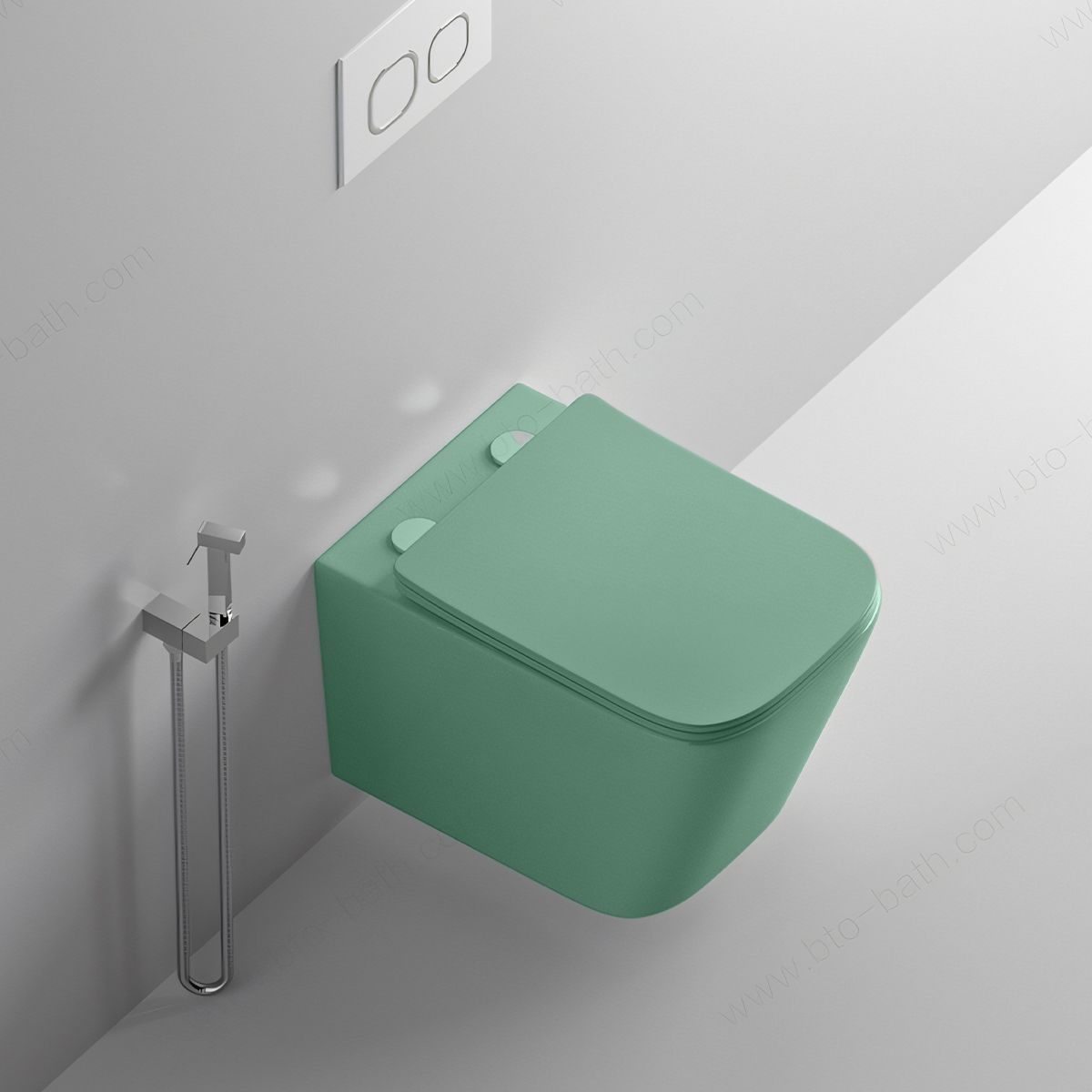 Toilettenschüssel, Rimless, Mintgrün Matt, Power Colour, Wandmontage, inkl. Slim-Duroplast-Sitz mit Soft-Close, Alfonso