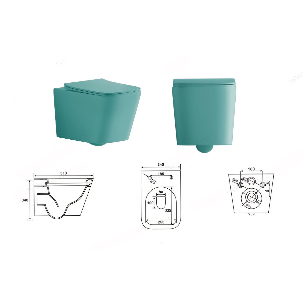 Toilettenschüssel, Rimless, Mintgrün Matt, Power Colour, Wandmontage, inkl. Slim-Duroplast-Sitz mit Soft-Close, Alfonso