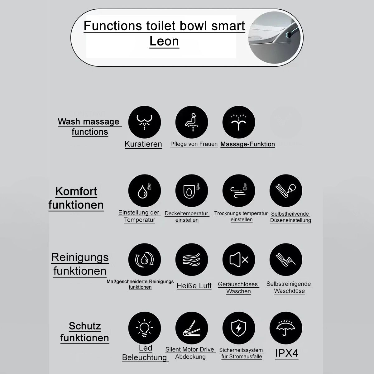 Smart-WC, mit Bidetfunktion, UV-Desinfektion, LED-Display, bodenstehend, 74x46 cm, Weiß, Leon