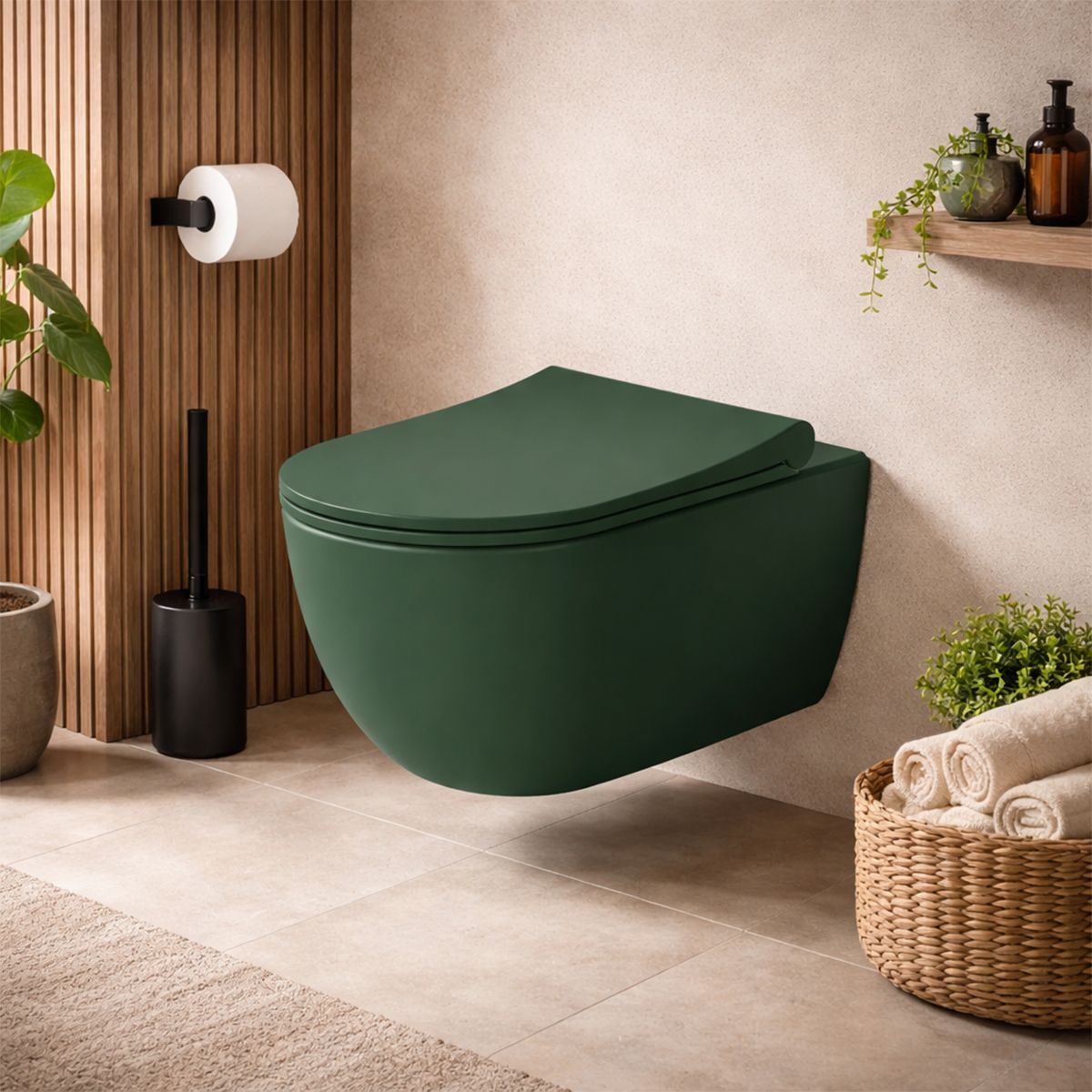 WC-Becken Grün, Power Colour, semimatt, 49x36 cm, Wandmontage, Duroplast-WC-Sitz mit Absenkautomatik und Easy-Off-Funktion, Molis
