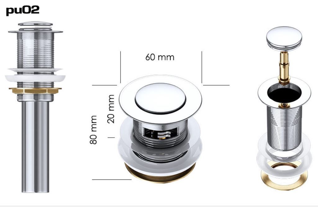 Ablaufventil EGO PU02-05, Push-up, mit oder ohne Überlauf, besonderes Design