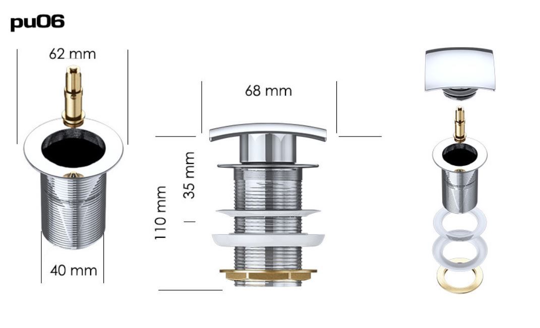 Ablaufventil EGO PU03 und PU06, Push-up, mit oder ohne Überlauf, besonderes Design